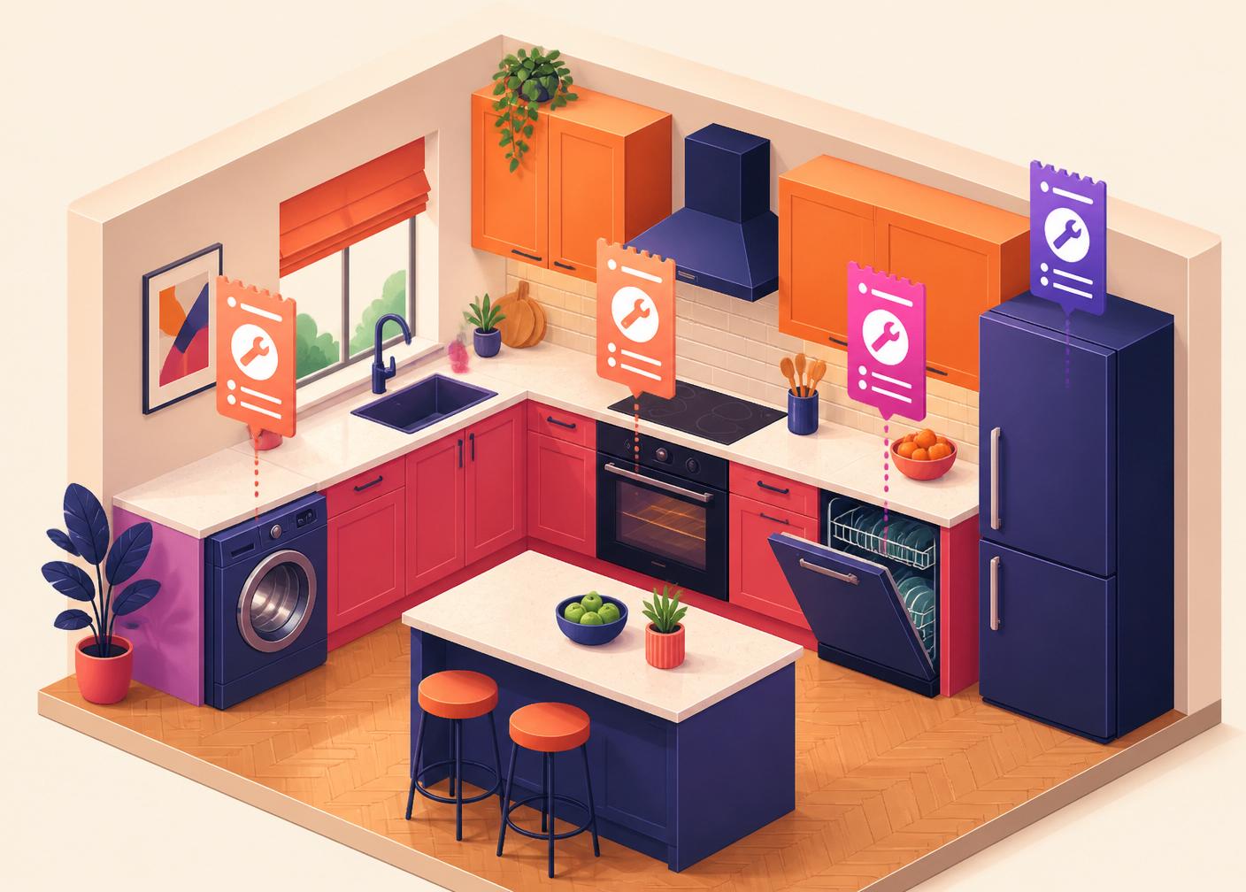 Isometric illustration of a British kitchen with repair tickets on every appliance